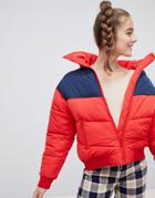 Monki Short Puffer Jacket In Red - Blue