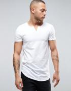Asos Longline Muscle Fit T-shirt With Notch Neck And Curved Hem In White - White