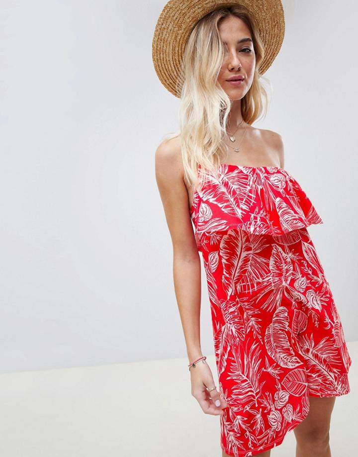 Asos Design One Shoulder Sundress With Ruffle In Red Palm Print - Multi