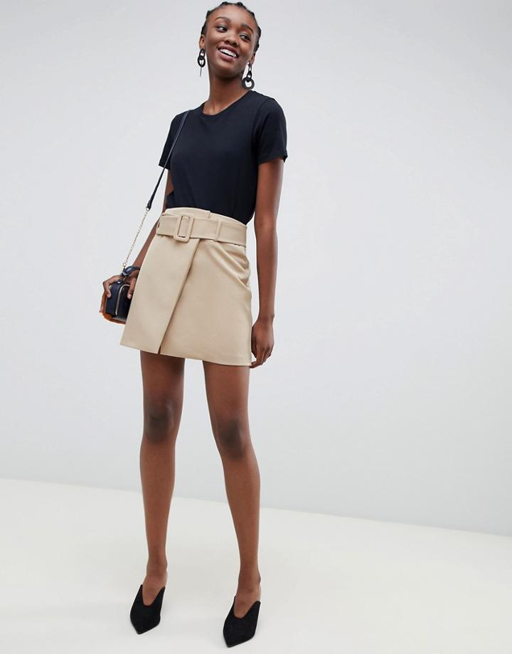 Asos Design Mini Skirt With Self Belt In Camel-stone