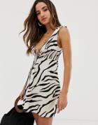 Asos Design Tie Shoulder Plunge Mini Sundress With Shirred Waist In Zebra Print - Multi