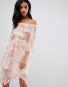 Allsaints Off-shoulder Floral Embroidered Dress - Pink