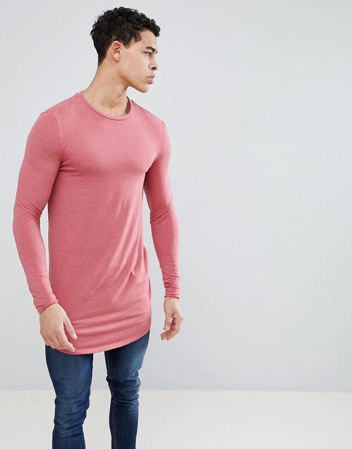 Asos Design Super Longline Muscle Long Sleeve T-shirt With Curved Hem In Red - Red