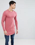 Asos Design Super Longline Muscle Long Sleeve T-shirt With Curved Hem In Red - Red