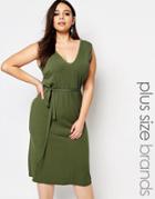 Club L Plus Esentials Midi Dress In Rib With Tie Waist - Khaki