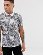 Asos Design Polo With All Over Historical Print - White