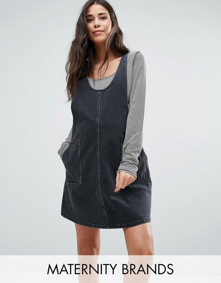 Asos Maternity Denim Pinafore Dress In Washed Black - Black