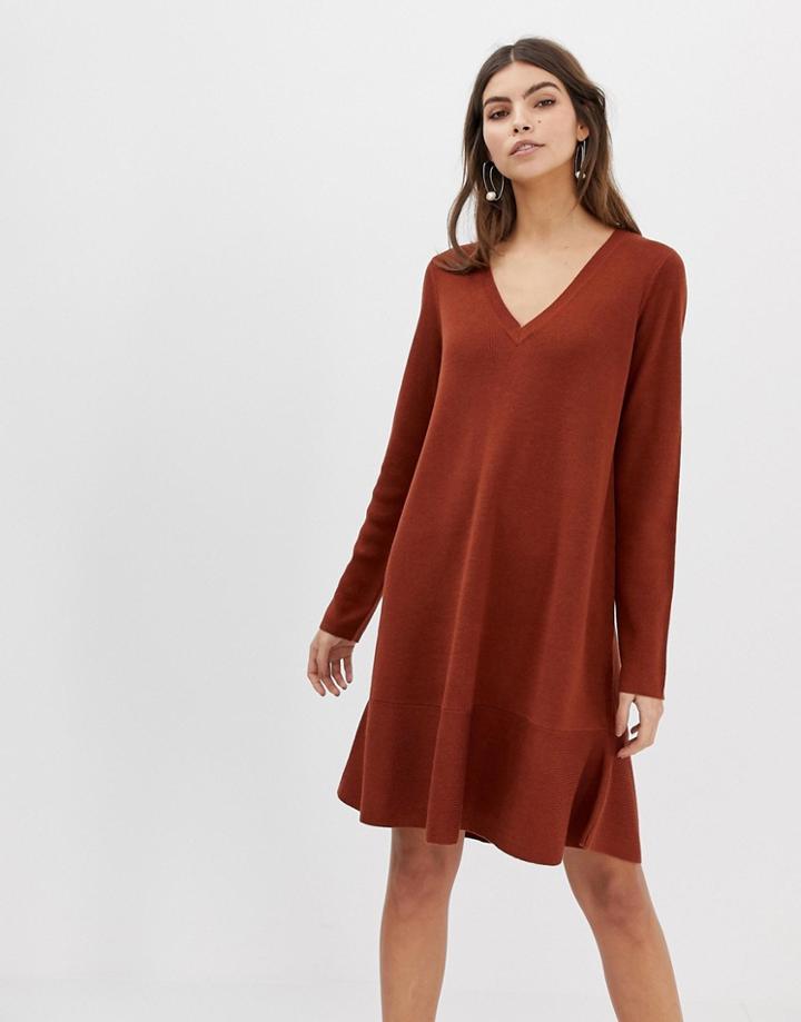 Asos Design V Neck Dress In Fine Knit With Ruffle Hem