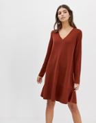 Asos Design V Neck Dress In Fine Knit With Ruffle Hem