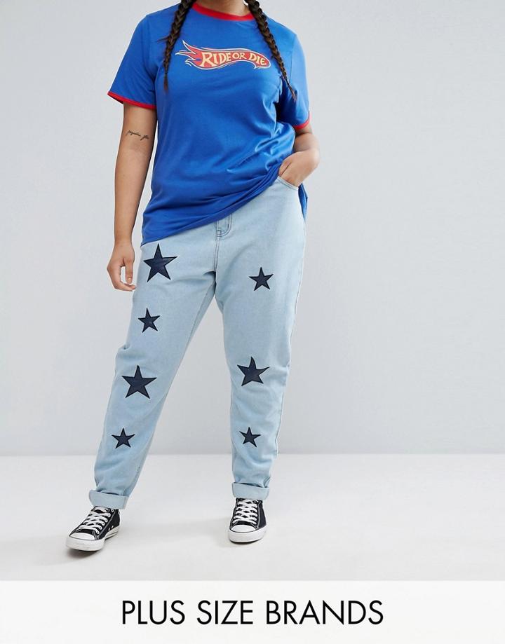 Daisy Street Plus Star Patched Boyfriend Jean - Blue