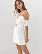 Asos Design Bardot Mini Broderie Sundress With Faux Tortoiseshell Belt-white