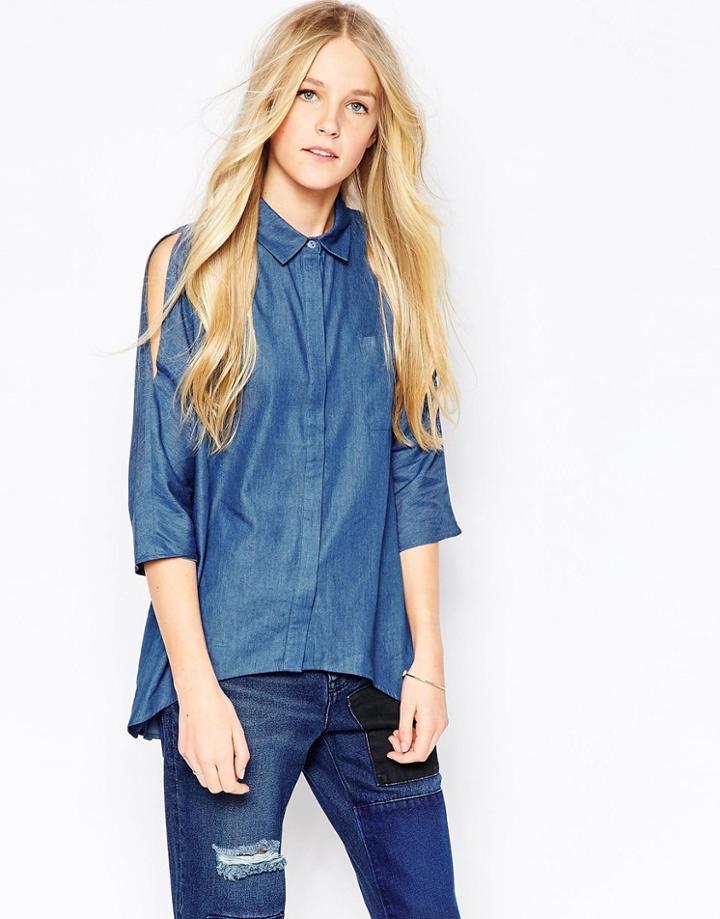 Influence Cold Shoulder Oversized Shirt - Blue