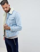 Asos Design Fleece Lined Denim Jacket In Blue Wash - Blue