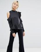 Asos Satin Ruffle Top With Cold Shoulder - Black