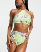 Asos Design High Neck Cross Back Bikini Top In Neon Snake Print-multi