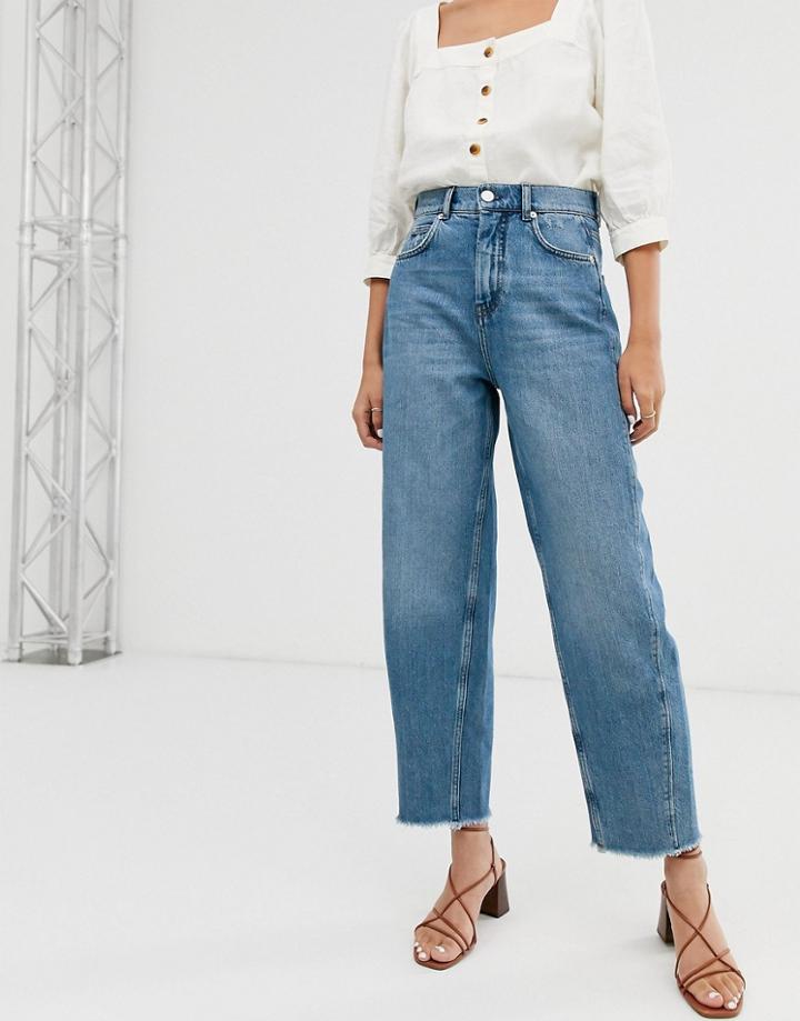 Whistles High Waist Frayed Hem Barrel Leg Jeans-blues