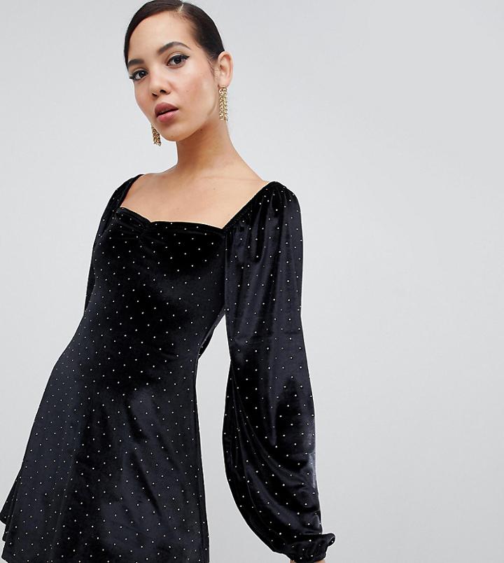 Asos Design Tall Studded Velvet Mini Dress With Sweetheart Neck - Black