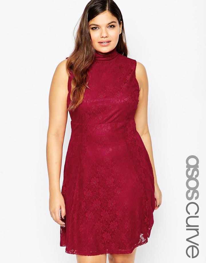 Asos Curve Lace Skater Dress With High Neck - Oxblood
