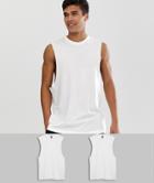 Asos Design 2 Pack Organic Relaxed Sleeveless T-shirt With Crew Neck And Dropped Armhole Save-white