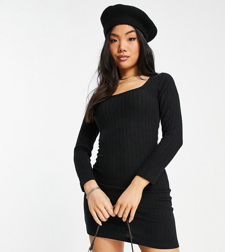 Miss Selfridge Petite Square Neck Brushed Rib Mini Dress In Black