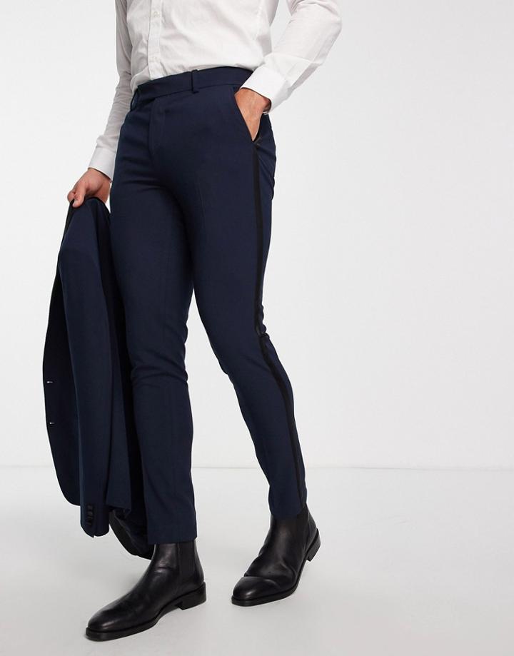 Asos Design Skinny Tuxedo Pants In Navy With Satin Side Stripe