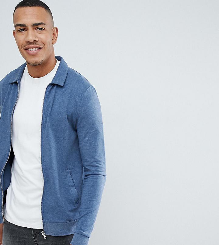 Asos Design Tall Muscle Jersey Harrington Jacket In Dark Denim Marl - Navy