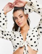 Asos Design Coordinating Plunge Top With Ruffle Detail In Dot Print-multi