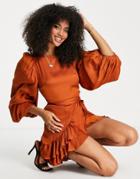 Amy Lynn Tie Waist Mini Dress With Bell Sleeves In Rust-orange