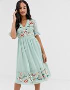 Asos Design Embroidered Midi Dress With Lace Trims-green
