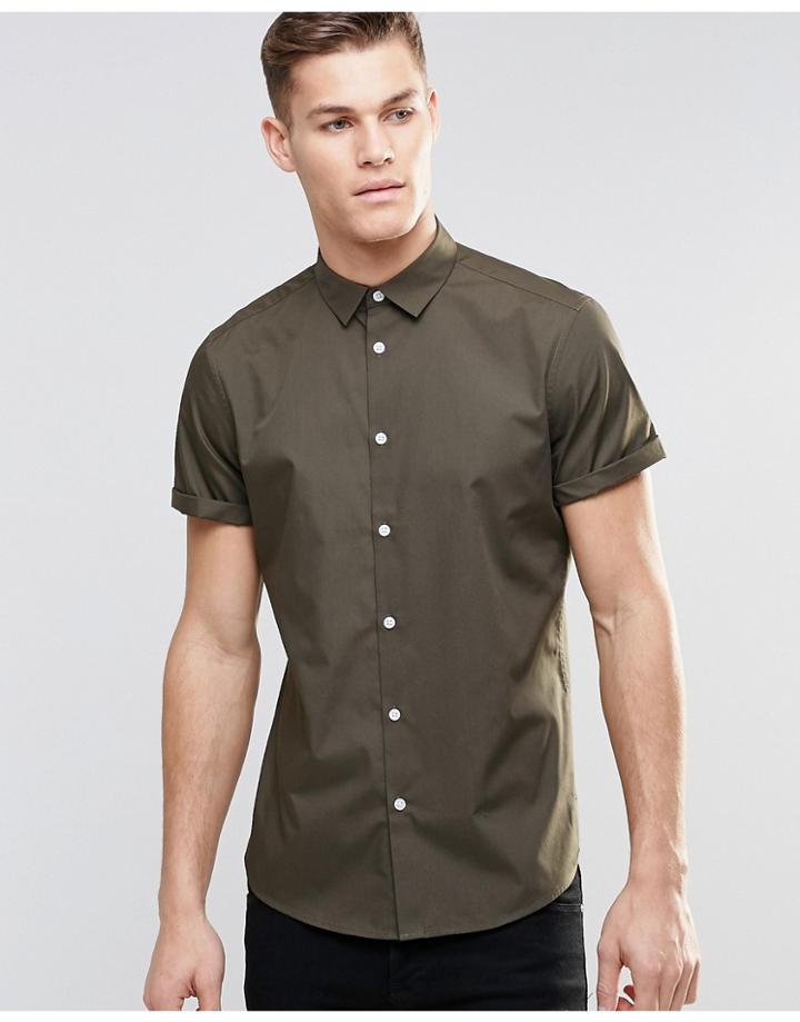 Asos Smart Shirt In Khaki With Short Sleeves - Khaki