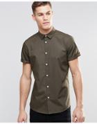 Asos Smart Shirt In Khaki With Short Sleeves - Khaki