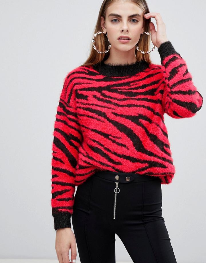 Bershka Zebra Print Sweater In Zebra Red - Black