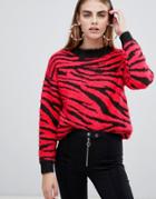 Bershka Zebra Print Sweater In Zebra Red - Black
