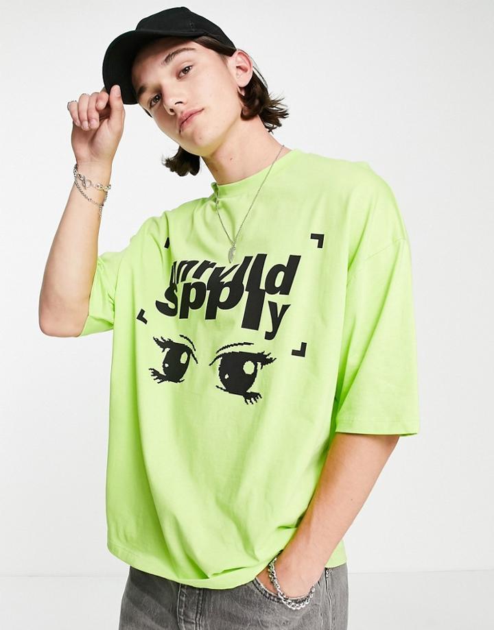 Asos Unrvlld Spply Oversized T-shirt With Logo Graffiti Print In Lime Green