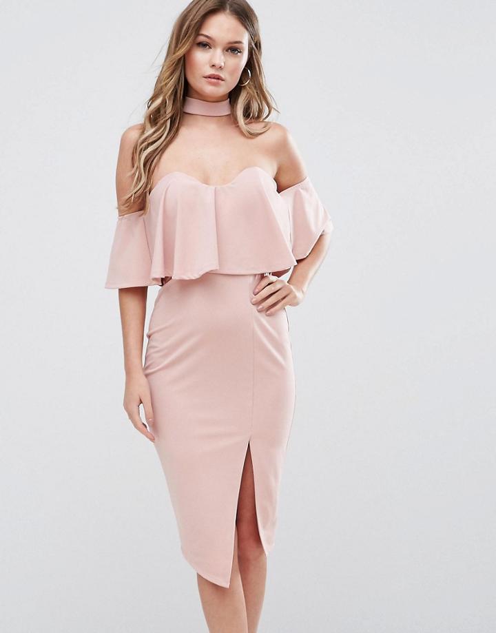 Ginger Fizz Bardot Midi Dress With Overlay And Choker Detail - Pink