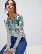 Oasis Palm Print Stripe Long Sleeve T-shirt - Multi