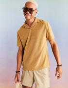 Asos Design Relaxed Camp Collar Polo T-shirt In Embossed Terrycloth In Tan-brown