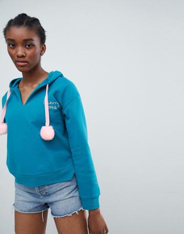 Sugar Dust Crooped Hoodie With Emboidery And Large Pom Poms - Green