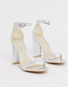 Glamorous Silver Barely There Square Toe Block Heeled Sandals
