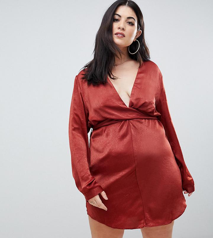 Prettylittlething Plus Hammered Satin Wrap Dress In Rust - Red