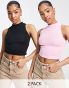 Miss Selfridge 2 Pack Sleeveless Funnel Neck Crop Top In Black And Pink