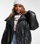 Asos Design Curve Collar Puffer Faux Leather Jacket In Black - Black