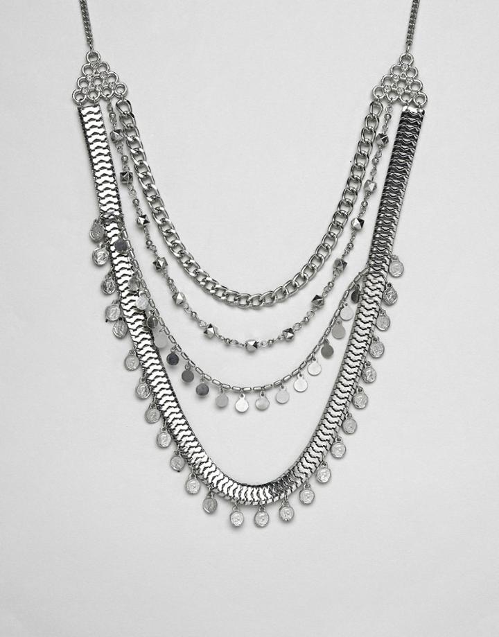 Asos Design Coin And Disc Multirow Necklace - Silver