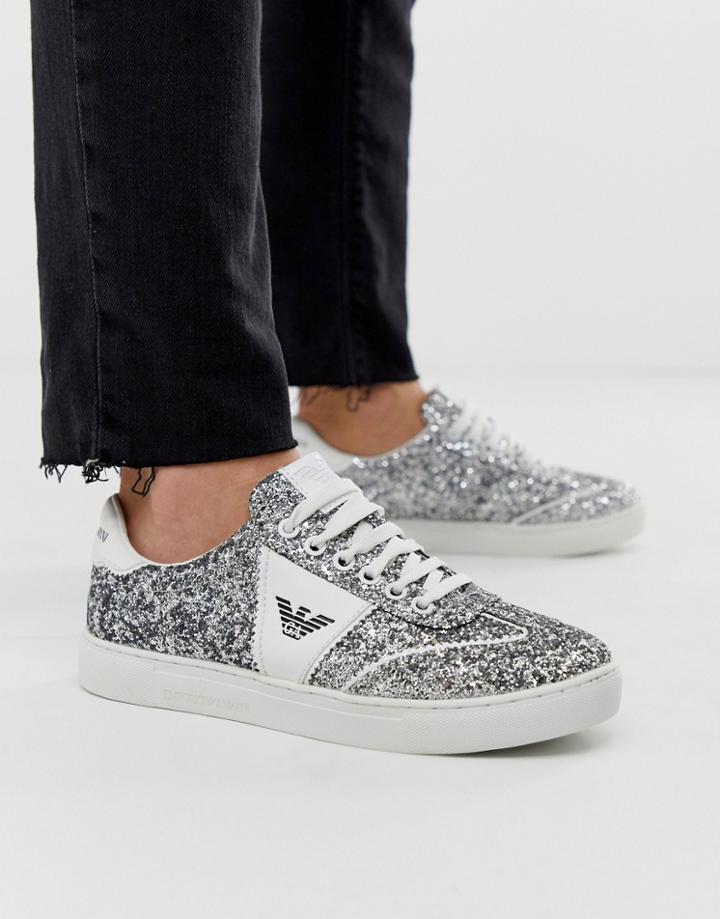 Emporio Armani Silver Glitter Logo Sneaker - Silver