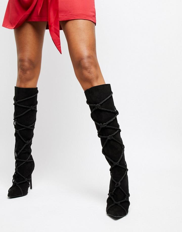 Missguided Rope Detail Knee High Boots - Black