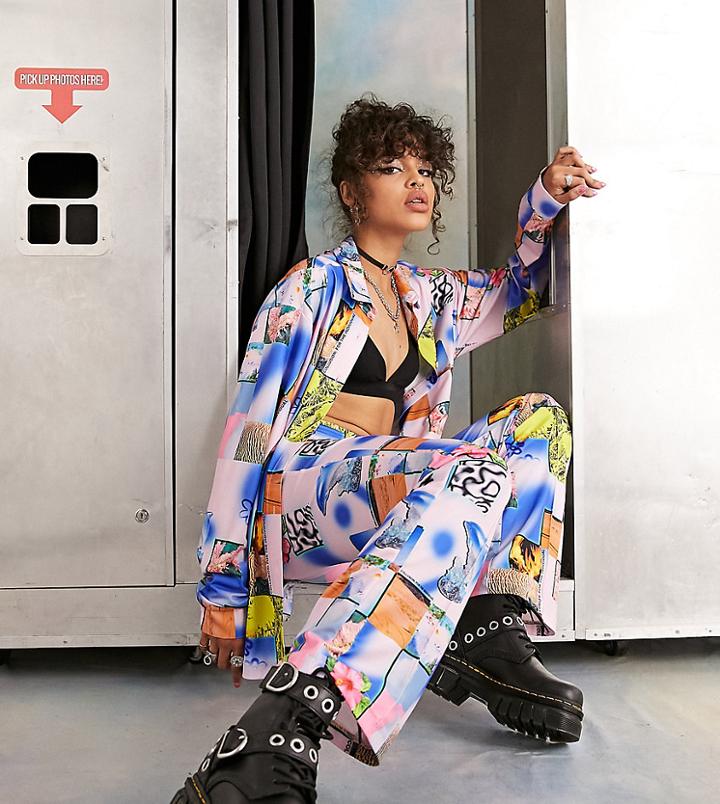 Collusion Photographic Print Satin Pants In Pink - Part Of A Set-multi