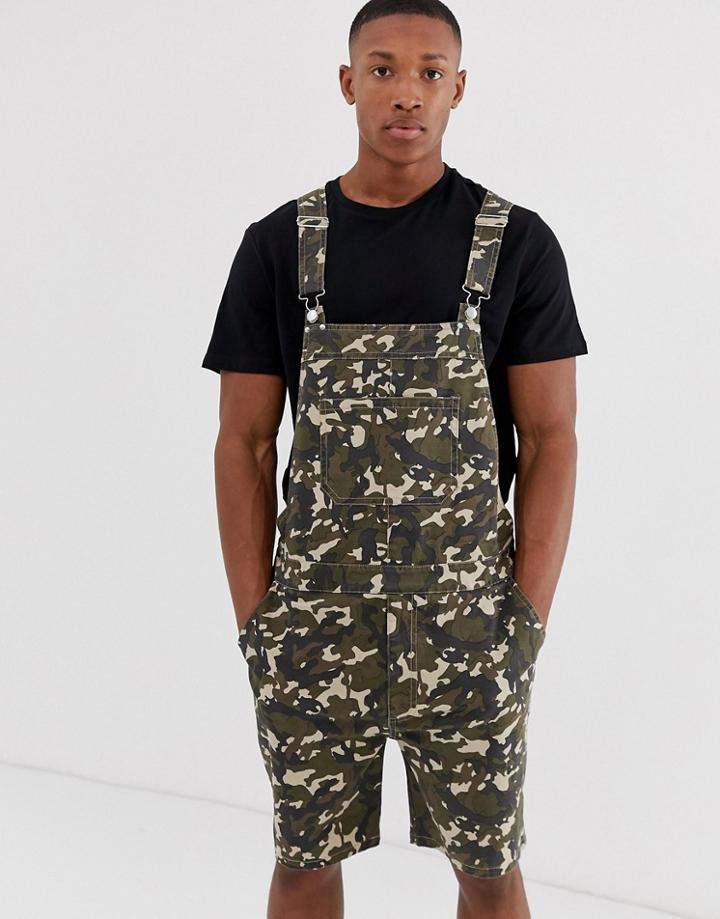 Asos Design Slim Short Overalls In Camo Print-green