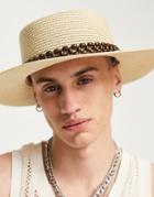 Asos Design Pork Pie Straw Hat With Beaded Band-neutral