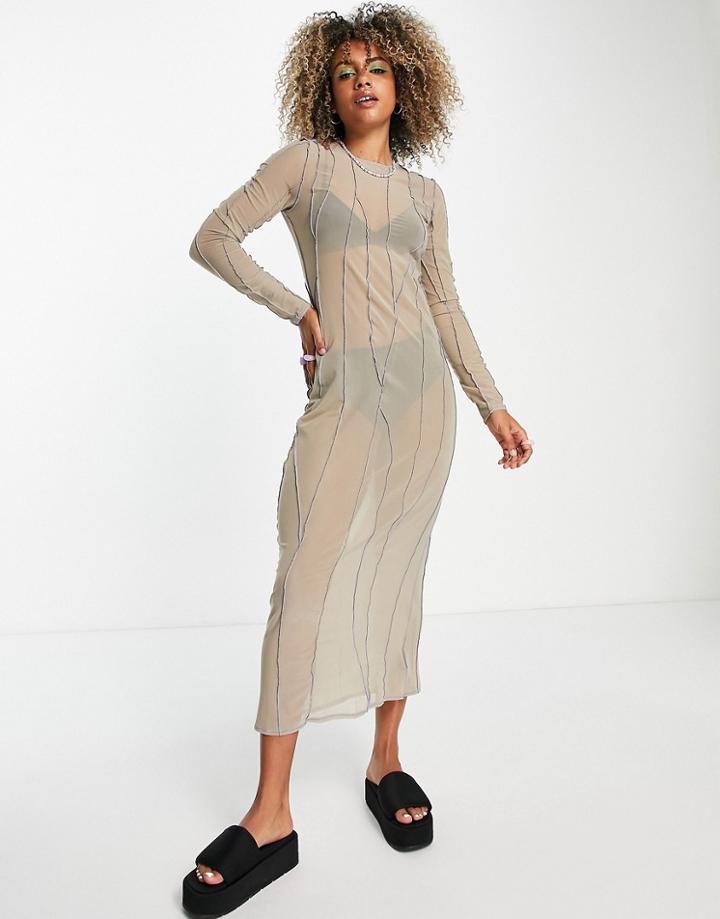 Weekday Recycled Polyester Exposed Seam Dress In Beige And Blue-neutral