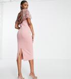 Asos Design Tall Scuba Midi Dress With Embellished Cape Detail In Light Pink-multi